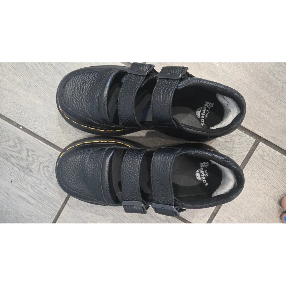 Dr. Martens Black Leather Platform Mary Jane Shoes with Yellow Stitching